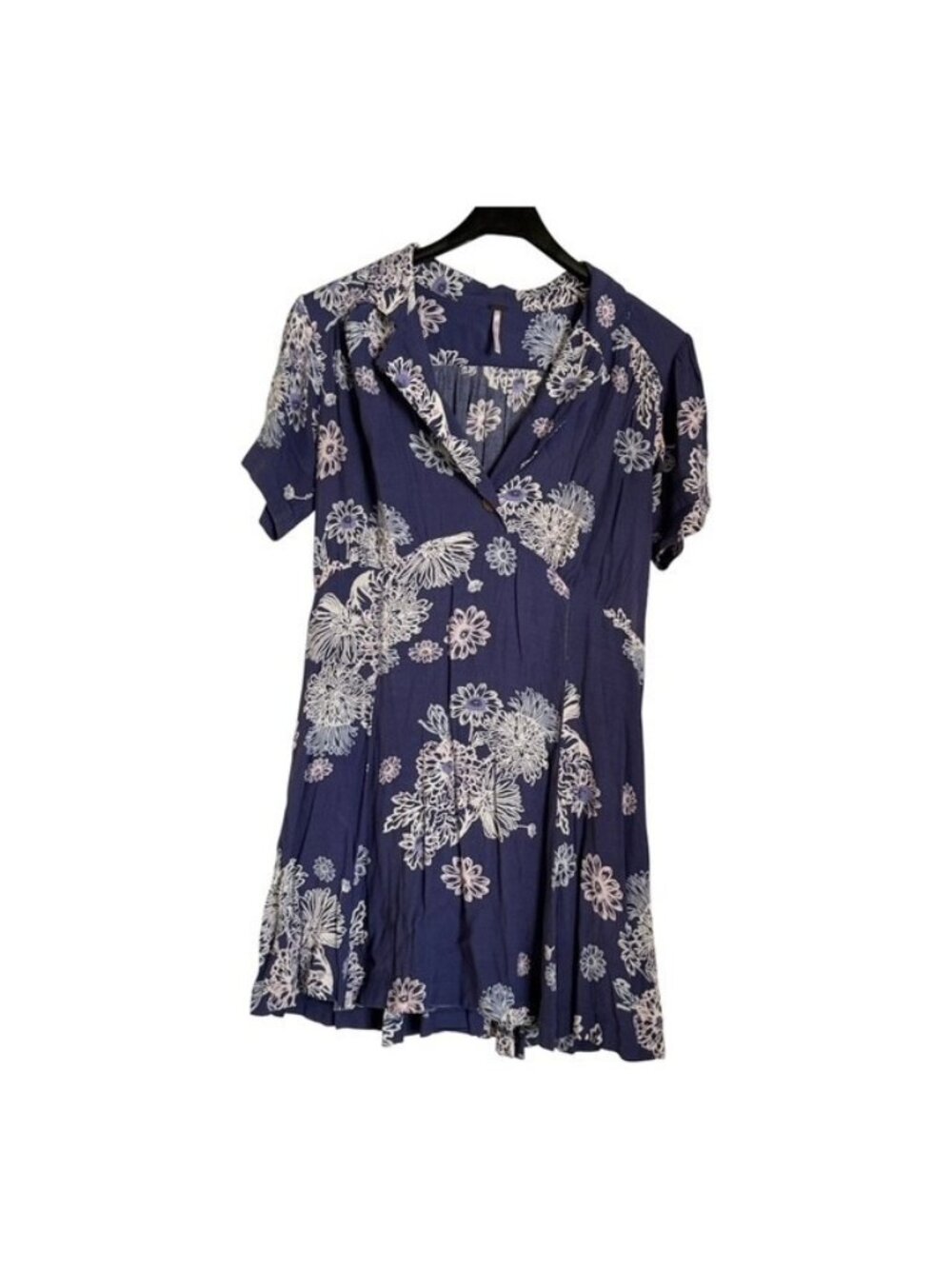 Free People Blue Hawaii Short Sleeve Mini Dress Collar White Small Floral V Neck